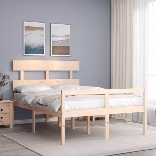 Berkfield Home Small Double Bed Frame with Headboard in Brown Solid Pine Wood, W/D/H: 120 x 200 cm – 1