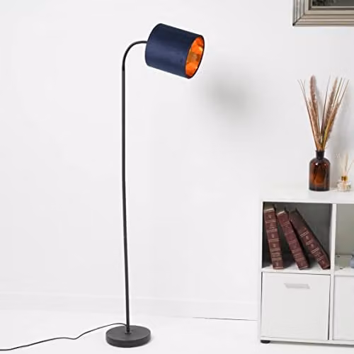 K Living Hove Metal Floor Lamp with Blue Fabric Shade and Copper Lining, Height: 170 cm