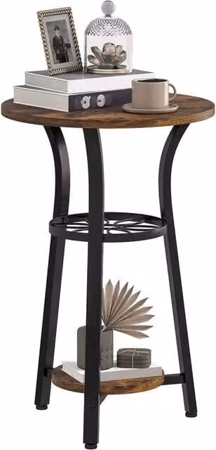 EONLION 3-Tier Industrial Round Side Table in Brown and Black, Diameter: 38 cm