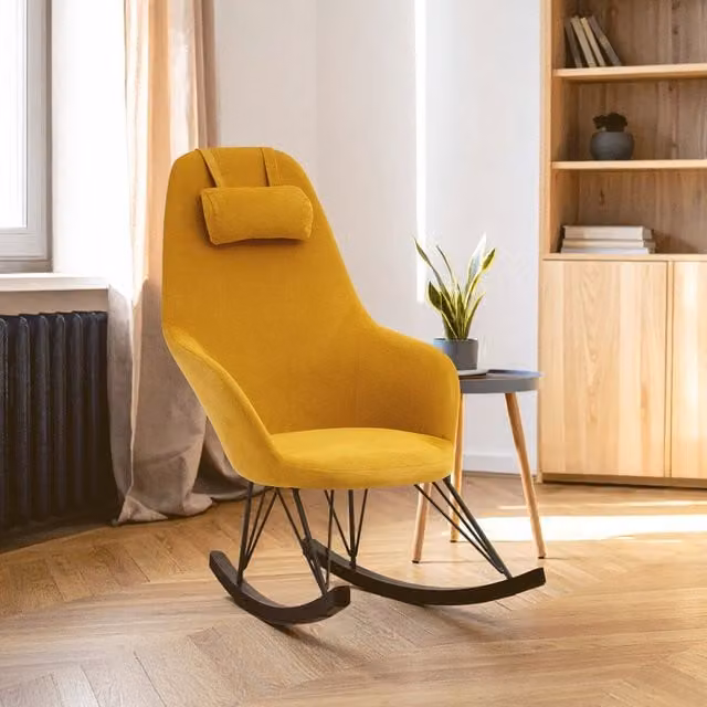 Orsina Yellow Modern Fabric Rocking Chair with Armrests and Mixed Metal and Wood Frame – 1