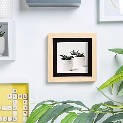 Nicola Spring Pack of 5 Light Brown 3D Wooden Shadow Box Photo Frames with Black Mount, Square Tabletop Display Case – 3