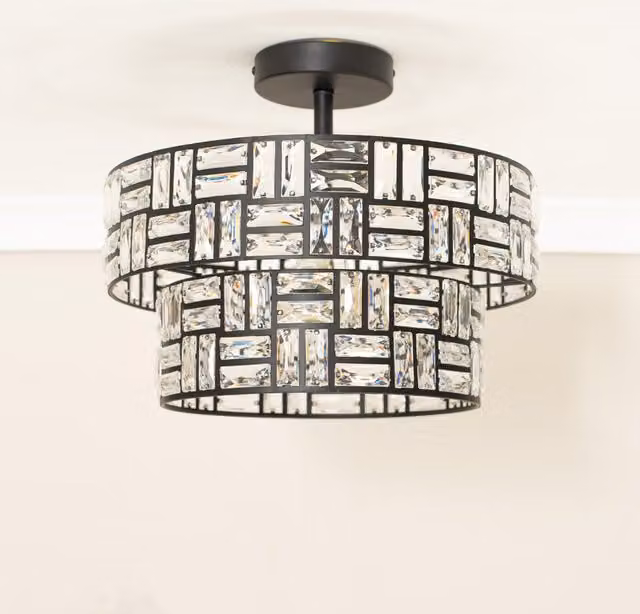 ValueLights Elise Acrylic Jewel Two Tier Flush Ceiling Light in Black with LED Bulb