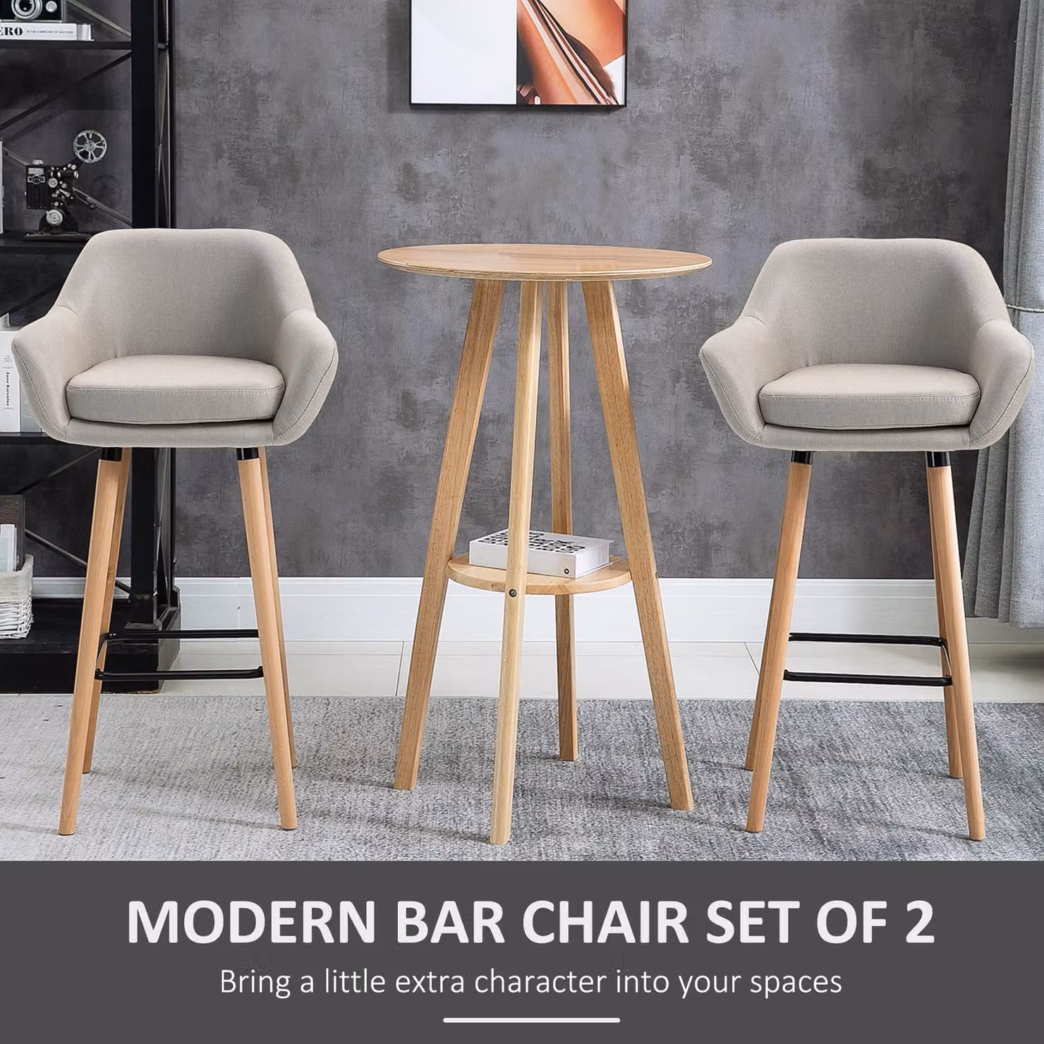 HOMCOM Set of 2 Modern Upholstered Bar Stools with Metal Frame and Solid Wood Legs in Beige – 3