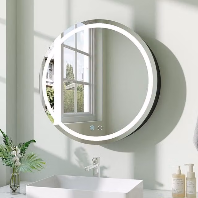 Livingandhome Modern Black Wall-Mounted Bathroom Mirror Cabinet with Integrated LED Lighting and Anti-Fog Feature