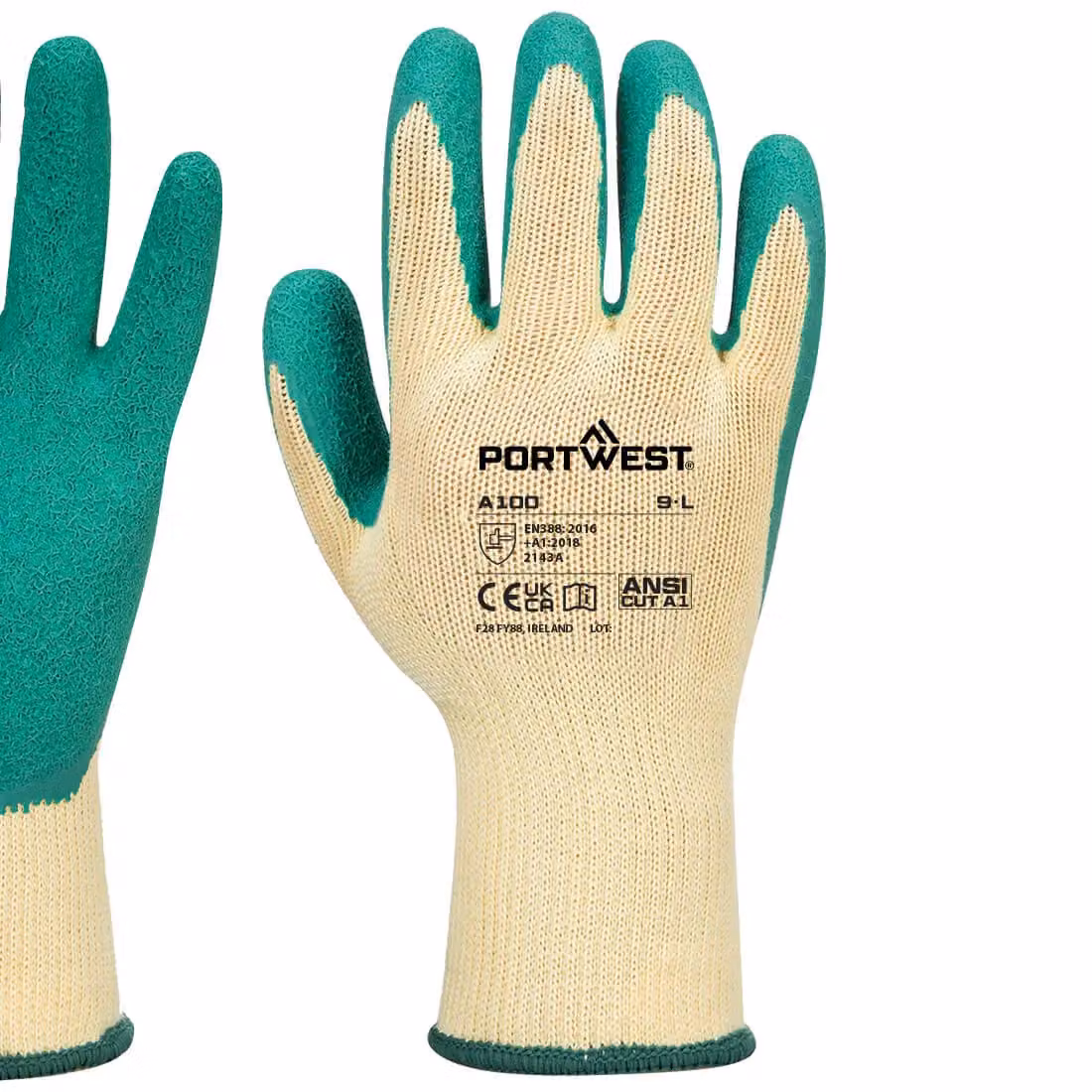 Portwest A100 Latex Grip Gloves in Green, Size: XL – 2