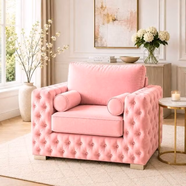 Stratus Interiors Ashley Full Back Chesterfield Plush Velvet Living Room Armchair in Light Pink – 1