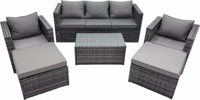 Fimous 7-Seater Patio Furniture Set in Grey with Outdoor Coffee Table, 3-Seater Sofa, Lounge Armchairs and Ottomans