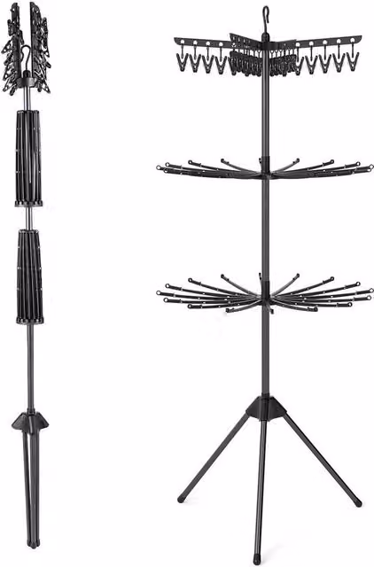 Havendro Rotatable Tripod Clothes Drying Rack in Black, 178 cm Height, with 32 Rods and 24 Clips