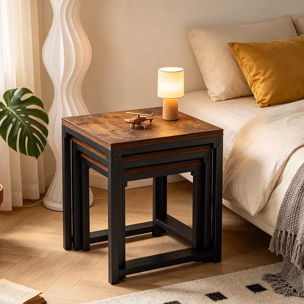 VOGREX Nesting Coffee Table Set of 3 in Brown and Black Industrial Style – 5