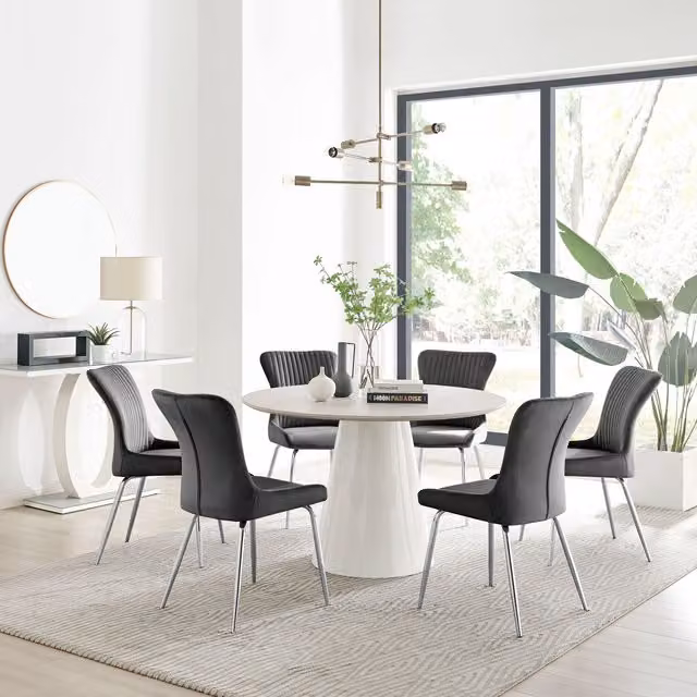 Furniturebox Palma Beige Stone Effect Round Dining Table and 6 Nora Silver Leg Chairs in Dark Grey