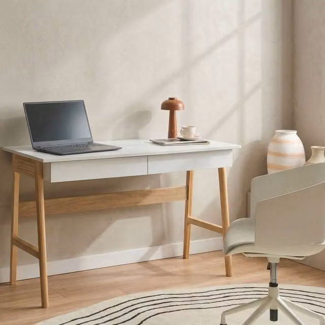 Wyld and Coco Two-Tone Writing Desk in White and Pine, W/D: 120 x 60 cm