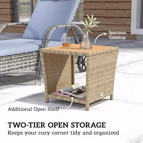 Outsunny 2-Tier PE Rattan Side Table with Storage Shelf, Beige – 3