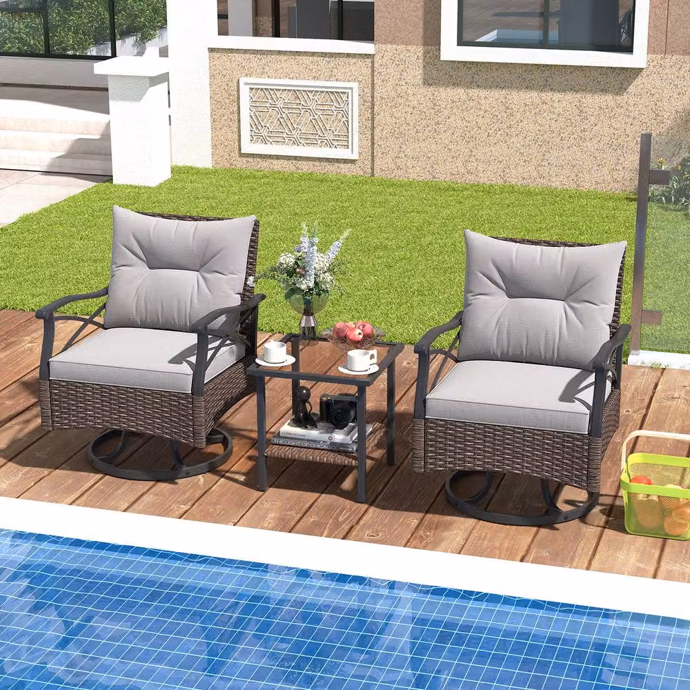 Gymax Brown Polyrattan Patio Swivel Rocker Set with 3 Upholstered Armchairs and 2-Tier Coffee Table – 8