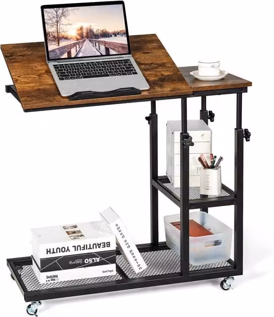 Costway C-Shaped Adjustable Bedside Table in Brown with Tiltable Tabletop and Wheels