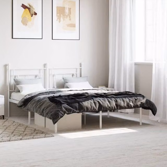 Berkfield Home Metal Bed Frame with Headboard, White, W/D/H: 150 x 200 cm
