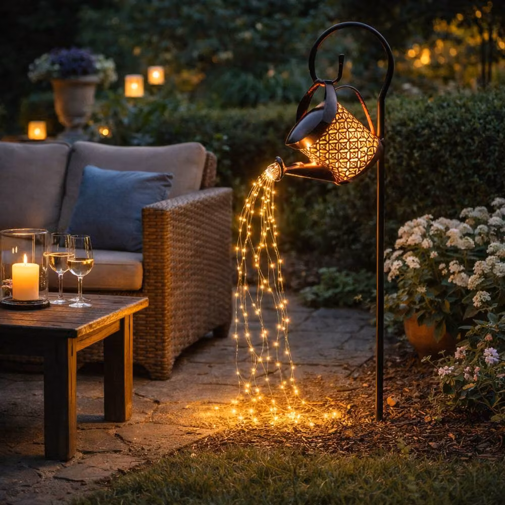 Gardenwize Solar Watering Can Stake Light with Warm White Cascading LED String Lights in Black – 2