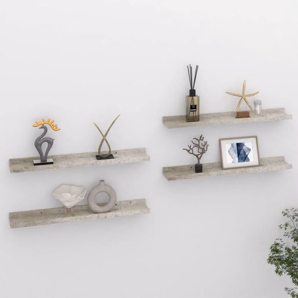 Berkfield Home Set of 4 Wall Mounted Shelves in Concrete Grey, W: 60 cm, D: 9 cm, H: 3 cm