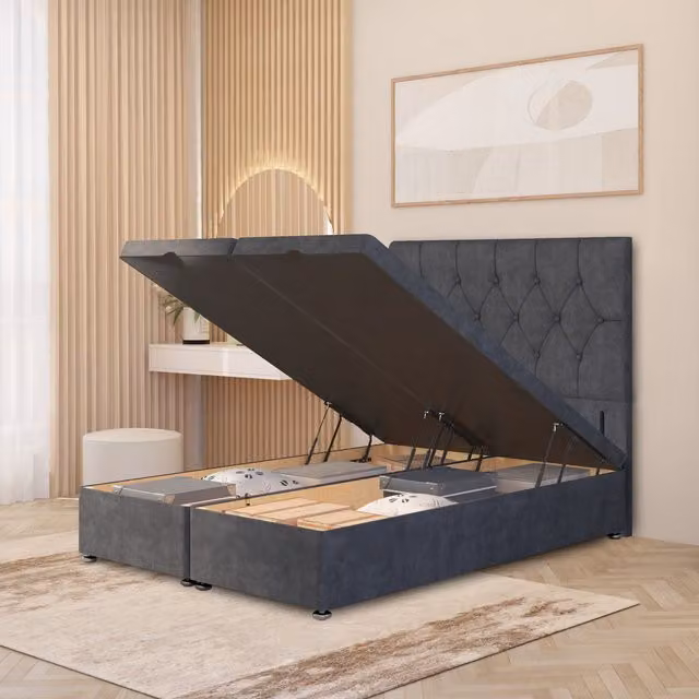 Somnior Beds Ltd Chesterfield Velvet Ottoman Bed with Gas Lift Base and Floor Standing Headboard, Grey, W/D/H: 140 x 200 x 137 cm