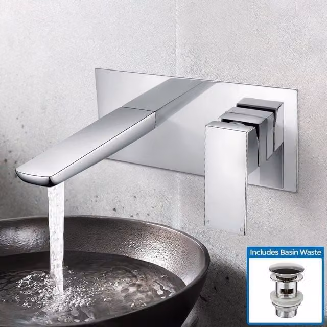 Nes Home Keninton Wall Mounted Single Lever Basin Mixer Tap with Pop Up Waste in Silver Chrome