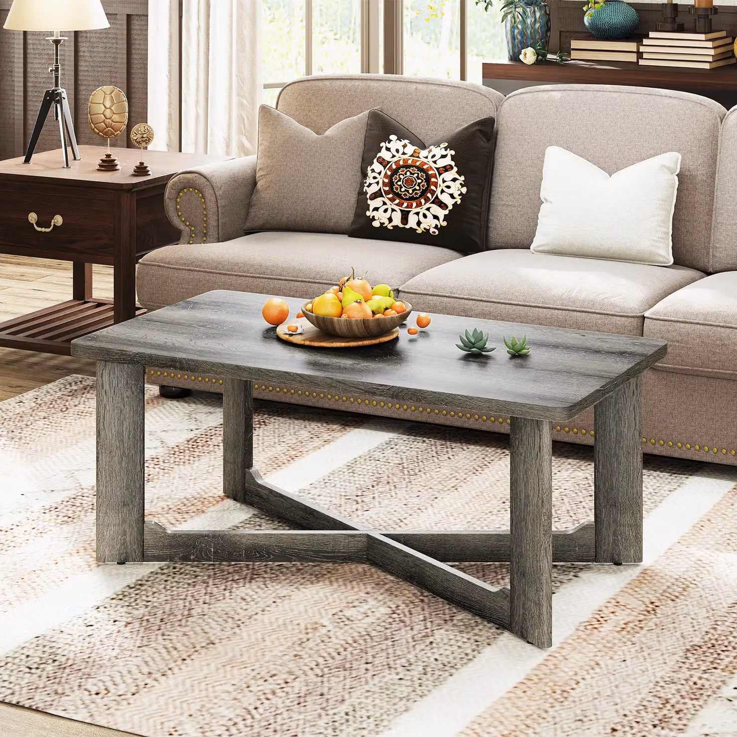 Costway Rectangular Coffee Table in Grey with Rustic Rubberwood Finish – 2