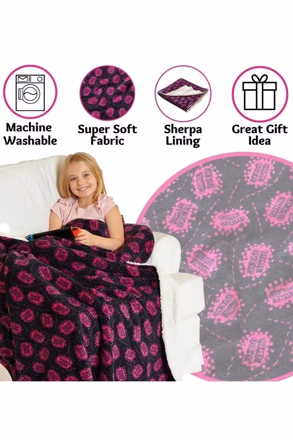 Just Essentials Reversible Geometric Plush Fleece Blanket in Black and Pink, Small – 5