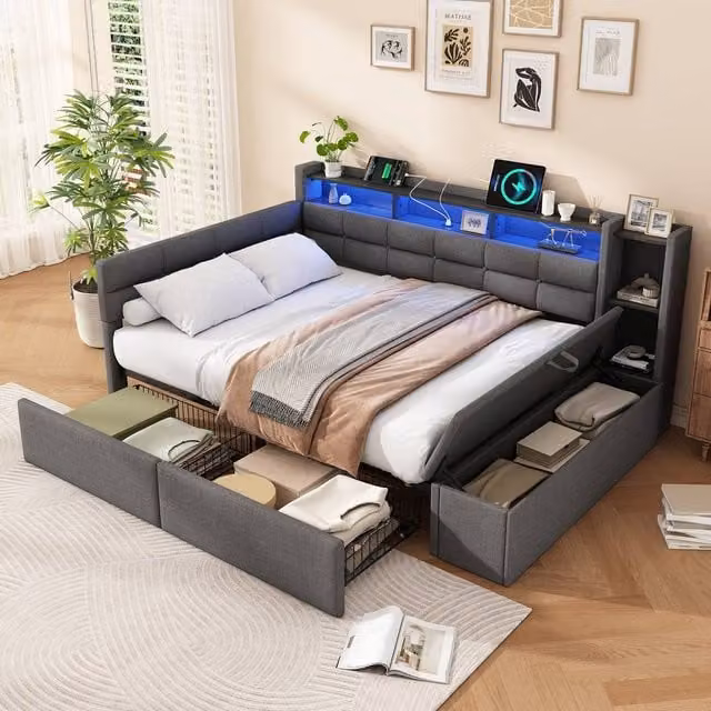 ModernLuxe Upholstered Double Bed in Grey with LED Lighting, Storage Drawers, USB Charging Port and Bedside Shelf, W/D/H: 140 x 190 x 65.25 cm
