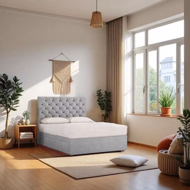 Knight Sleep Athens Plush Bed Set with Hybrid Mattress and 2 Drawers in Silver Grey, Single, W/D/H: 90 x 190 x 25 cm