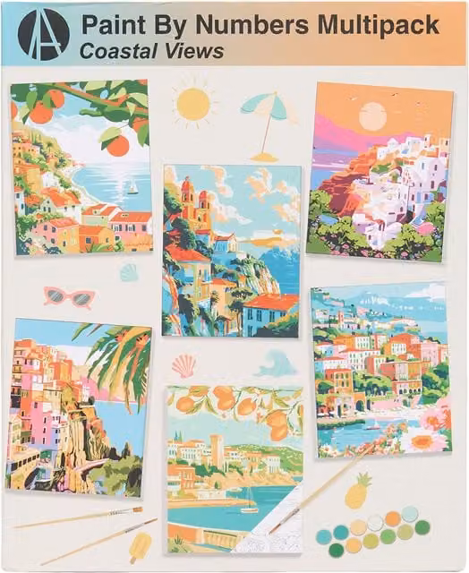 Art Studio Pack of 6 Coastal Views Paint By Numbers Canvas Kits in Multicolour