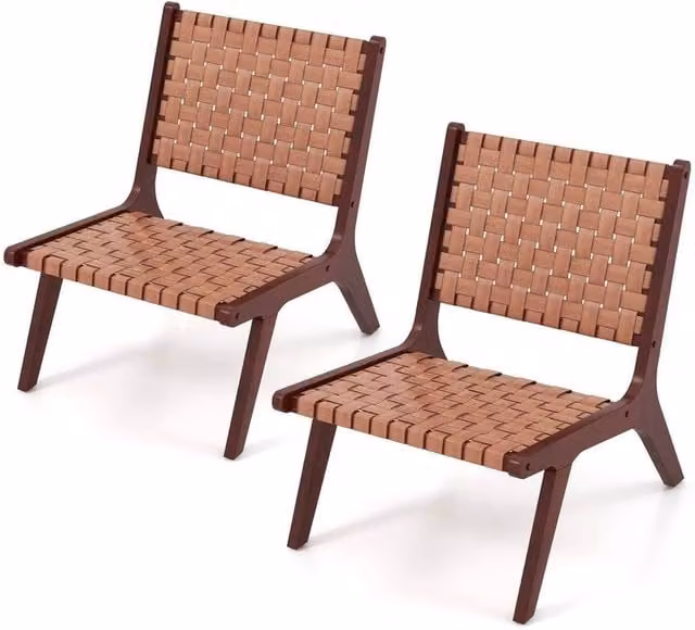 Kelvenix Set of 2 Modern Woven Brown Synthetic Leather Accent Chairs with Solid Rubberwood Frame