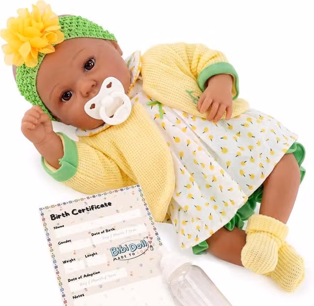 BiBi Doll Reborn Ethnic Girl Dahlia Soft Body Baby Doll with Outfit Accessories in Yellow and Black