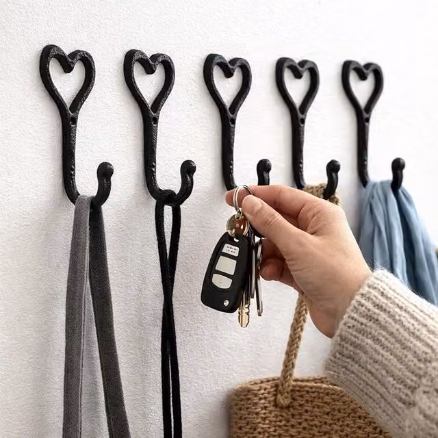 Marco Paul Set of 5 Black Metal Wall Mounted Love Heart Coat Rack and Hooks