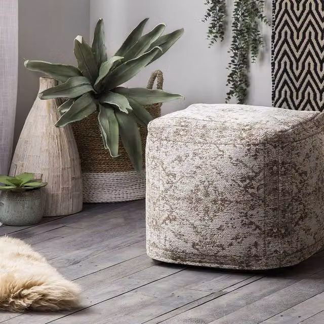 Wyld and Coco Brown Cotton Boho Ottoman Pouffe with Abstract Pattern, W/D/H: 40 x 40 x 40 cm