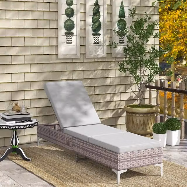 Outsunny Single PE Rattan Sun Lounger with Adjustable Headrest in Grey