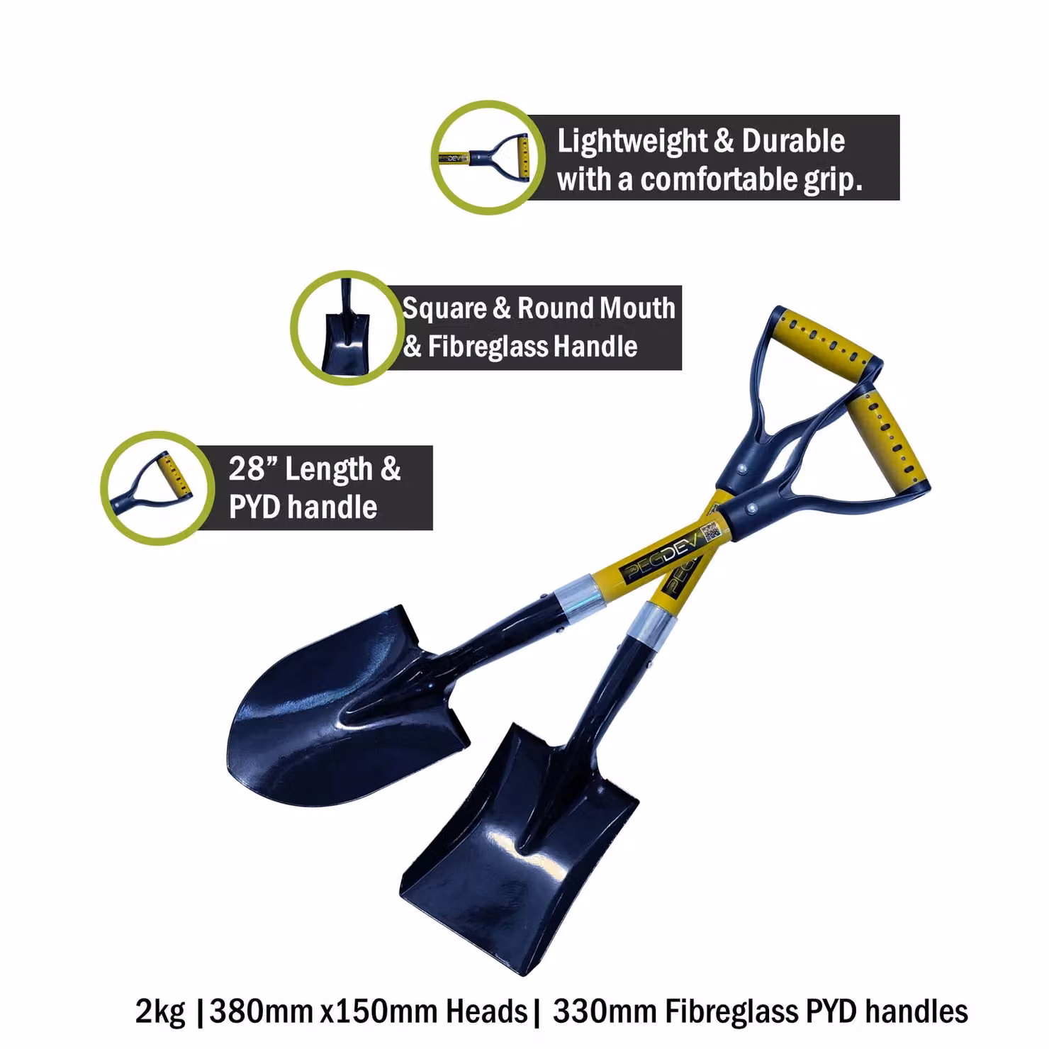 Pegdev Compact Micro Shovel Set with Square and Round Mouth Fibreglass Handles in Blue – 3