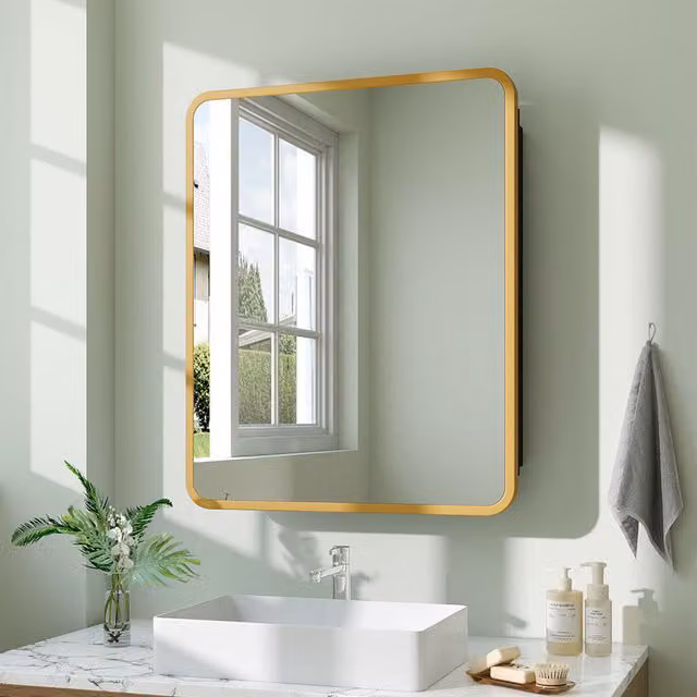Livingandhome Modern Gold Wall Mounted Bathroom Storage Mirror Cabinet with Glass Doors and Internal Shelves, Width: 51 cm