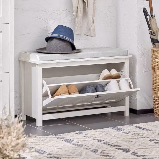 SoBuy Modern Entrance Shoe Bench with Lift-Up Storage and Padded Fabric Seat in White and Grey – 1
