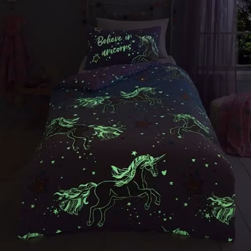 Bedlam Ombre Unicorn Glow in the Dark Cotton Duvet Cover and Pillowcase Set in Pink and Purple, W/D/H: 135 x 200 cm – 3