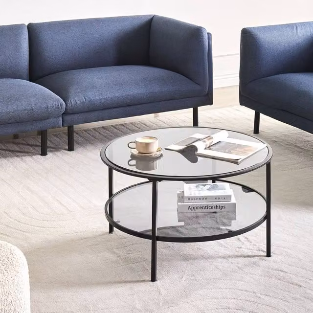 Wyld and Coco Round Coffee Table in Black with Tempered Glass and Mirrored Shelf, Diameter: 80 cm, Height: 45 cm