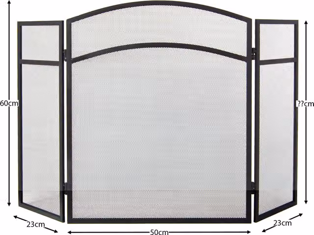 Milton 3 Panel Arched Metal Fire Guard and Spark Screen in Black, H 96.0 cm x W 60.0 cm x D 8.0 cm