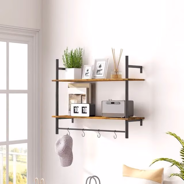 HOMCOM Rustic Brown Wall Mounted Wood Shelving Unit with 4 Hooks for Hallway and Entryway