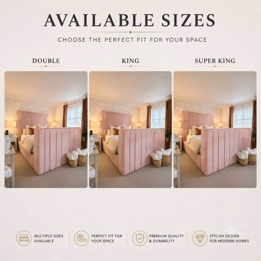 Stratus Interiors Modern Lined Panel Bed with Integrated TV Lift and Divan Ottoman Storage, Pink, W/D/H: 140 x 200 cm – 2