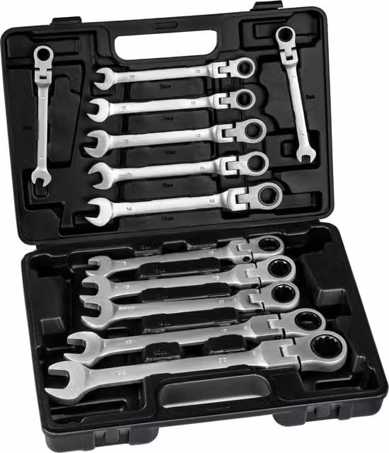 TECTAKE 12-Piece Combination Spanner Set with Flexible Ratchet Joint Heads in Black and Silver, Chrome Vanadium