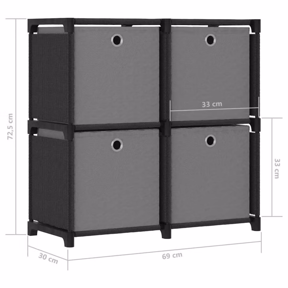 Berkfield Home Modern 4-Cube Display Shelf with Fabric Boxes in Black and Grey, W/D/H: 69 x 30 x 72.5 cm – 3