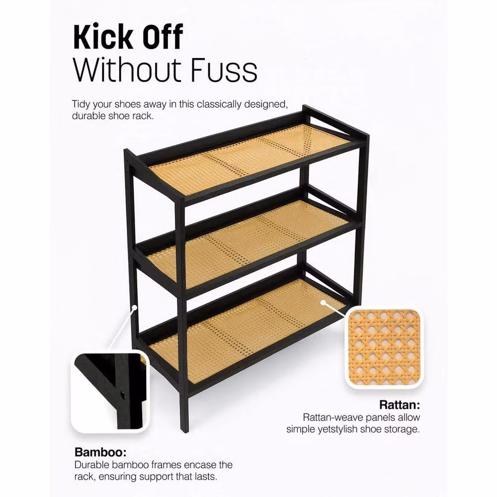FORGEVIO Black 3-Tier Bamboo and Rattan Shoe Rack with Rustic Geometric Design – 2
