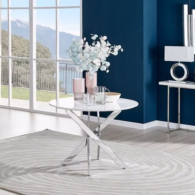 FurnitureboxUK Novara Round Dining Table, White High Gloss with Silver Chrome X-Frame Legs, Diameter: 100 cm