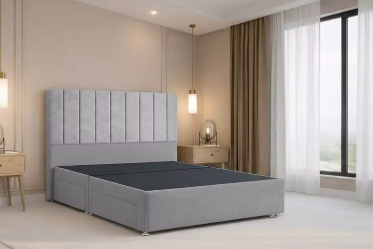 Chester & Oakley Lunar Plush Divan Bed Base with 2 Drawers and 54 inch Headboard, Silver Velvet, W/D/H: 120 x 200 x 135 cm