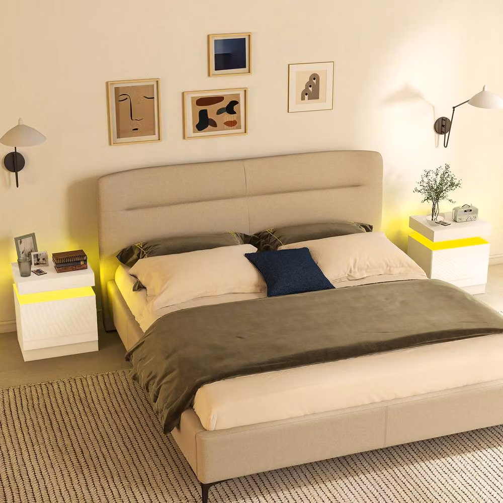 STILVORA Modern White Glossy Bedside Table Set with Integrated LED Lighting and 2 Drawers – 2