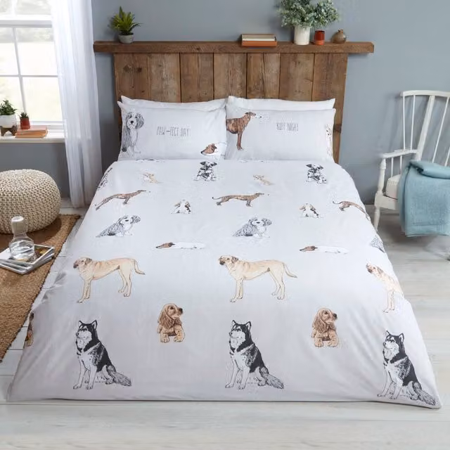Rapport Home Pawsome Polycotton Duvet Set and Pillowcase with Animal Graphic, Multicolour/White, W: 180 cm, L: 200 cm