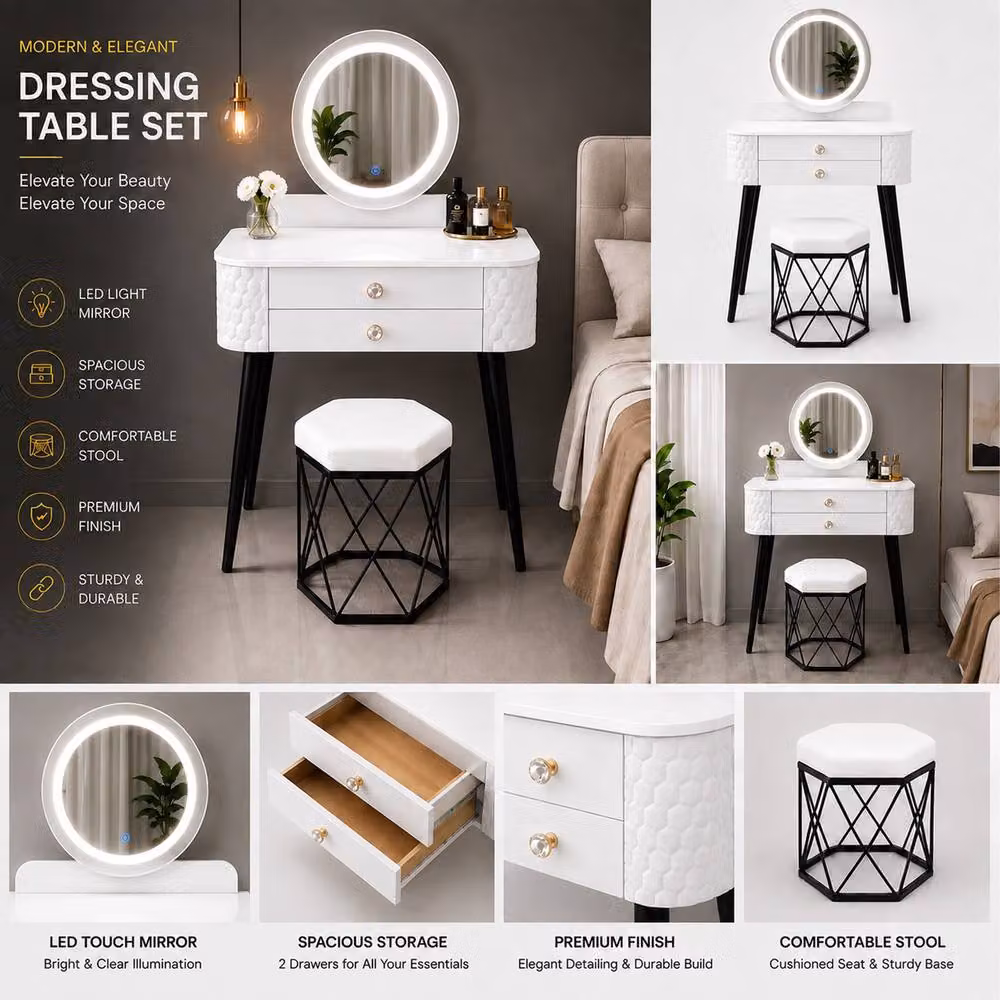 MN Furniture Modern White Dressing Table with LED Mirror and Storage Drawer, W: 60 cm, D: 40 cm, H: 127 cm – 3
