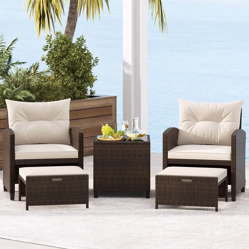 Gymax 5 Piece Brown Polyrattan Patio Furniture Set with Upholstered Cushions, Coffee Table and Ottoman – 3